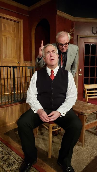 Rick Bagley as Jarvis the butler (seated) and W. Richard Johnson as Mr. Oakfield the  Photo