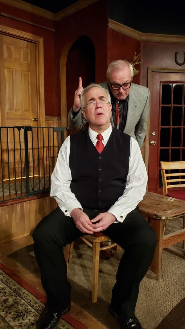 Rick Bagley as Jarvis the butler (seated) and W. Richard Johnson as Mr. Oakfield the  Photo