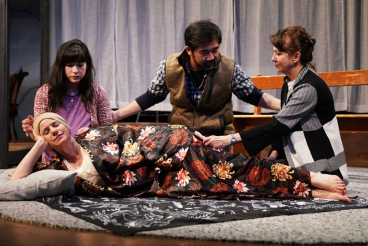 Bernadette Quigley, Mallory Ann Wu, Fenton Li & Jan Leslie Harding in DYING IN BOULDER. Photo by Carlos Cardona. at 