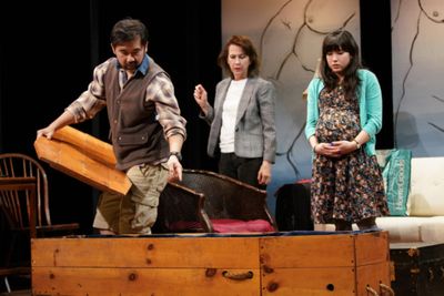 Fenton Li, Jan Leslie Harding & Mallory Ann Wu in DYING IN BOULDER. Photo by Carlos C Photo