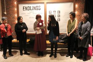 Director Sammi Cannold (center) toasts Playwright Celine Song Photo