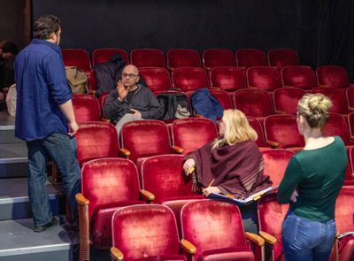 Playwright Keith Huff in rehearsal at the Chain Theatre with Cast and Director Ella J Photo