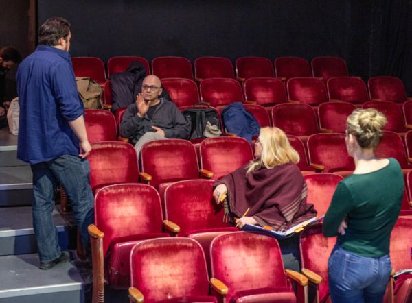 Playwright Keith Huff in rehearsal at the Chain Theatre with Cast and Director Ella J Photo