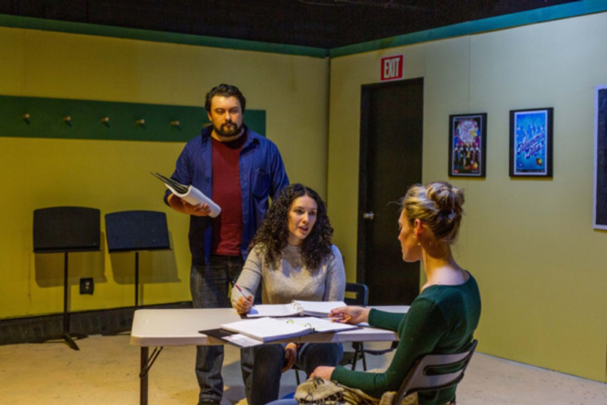 Kirk Gostkowski, Amanda Martinez, and Christina Elise Perry in rehearsal for SIX CORNERS with Keith Huff at 