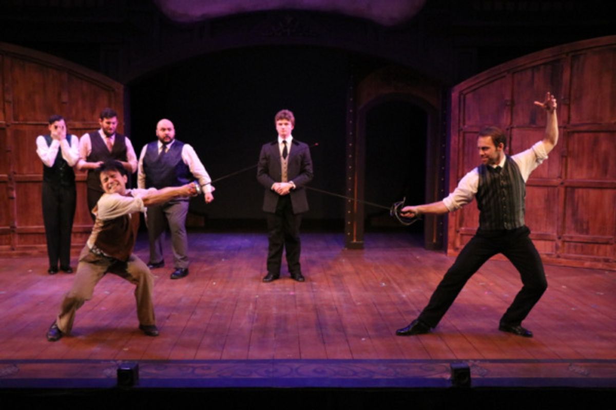 Nik Kmiecik as Boris fights Tony Carter as Hilaire Jussac and the ensemble cast at 