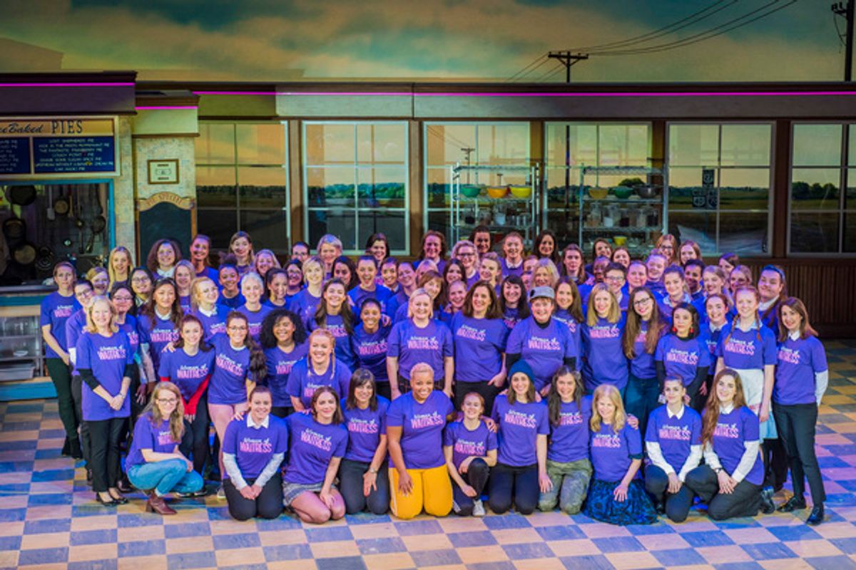 Women of Waitress on stage at the Adelphi Theatre, featuring creative team members Sara Bareilles (Music and Lyrics), Jessie Nelson (Book), Diane Paulus (Director); cast members Laura Baldwin (Dawn), Katharine McPhee (Jenna), Marisha Wallace (Becky) and e at 