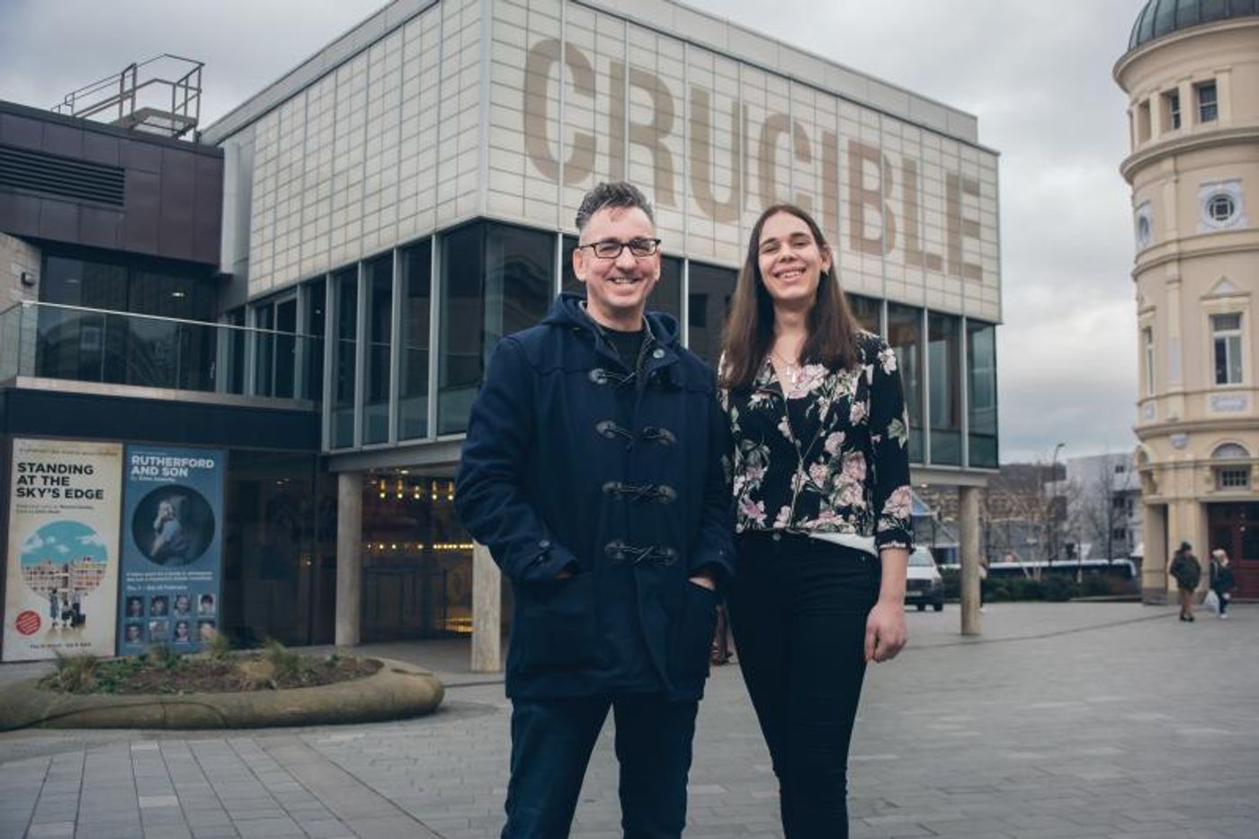 Chris Bush and X outside Sheffield's Crucible Theatre