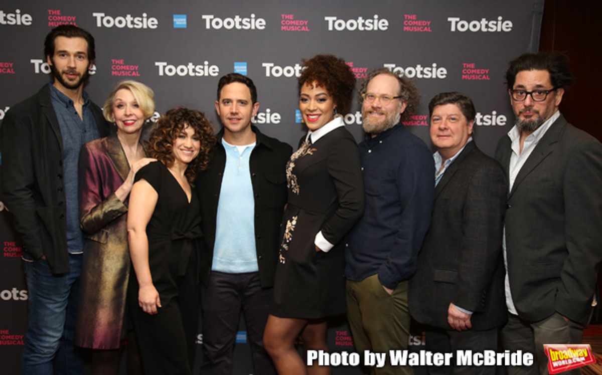 John Behlmann, Julie Halston, Sarah Stiles, Santino Fontana, Lilli Cooper, Andy Grotelueschen, Michael McGrath and Reg Rogers attend the Cast Meet & Greet for Broadway's 'Tootsie' The Musical at the New York Mariott Marquis Hotel on March 13, 2019 in New  at 