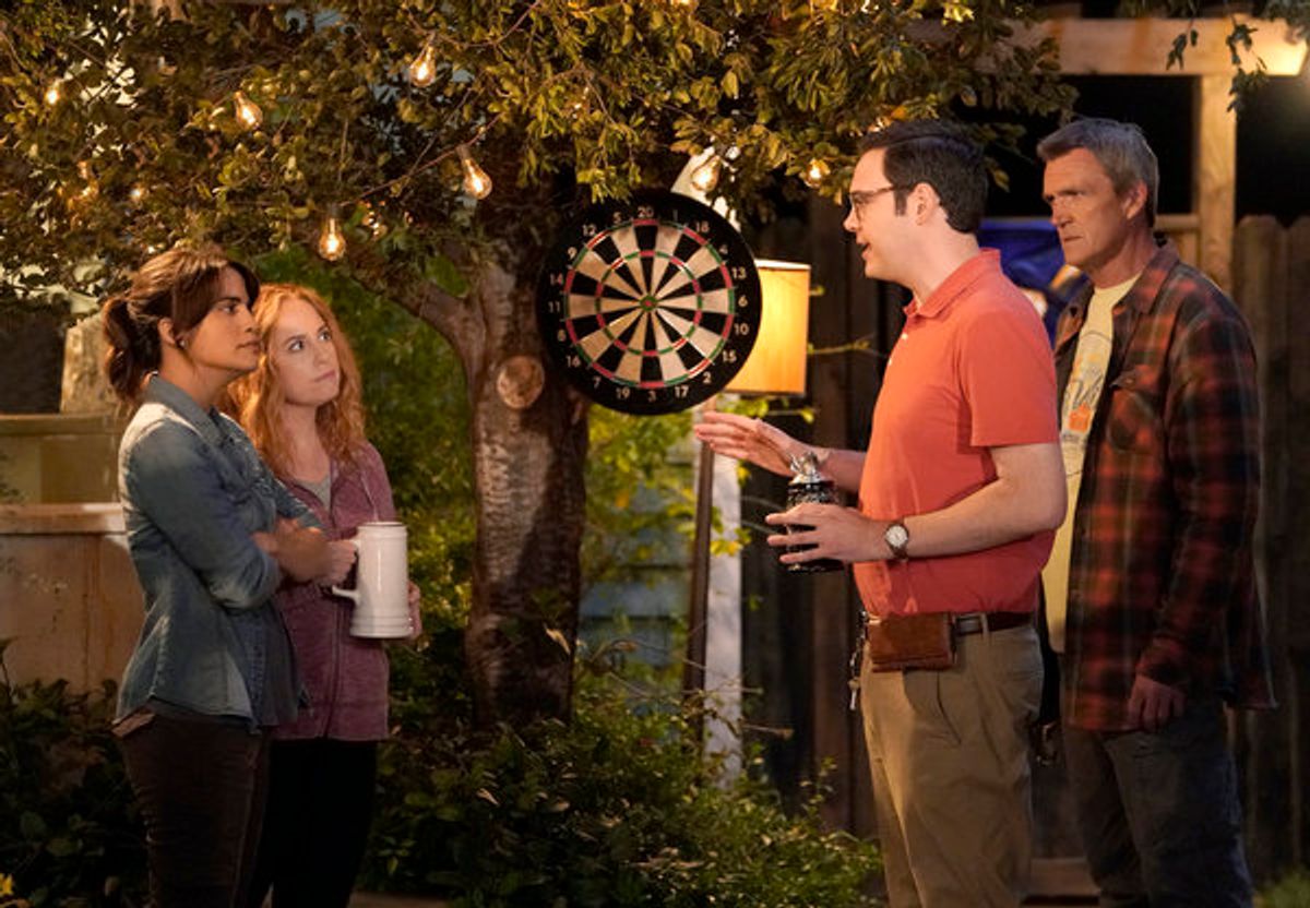 Natalie Morales as Abby, Jessica Chaffin as Beth, Nelson Franklin as Bill, Neil Flynn as Fred at 