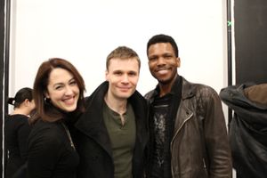 Photo of Kelley Curran (Clytemnestra), Josiah Bania (Orestes) and Corey Allen (Chorus Photo