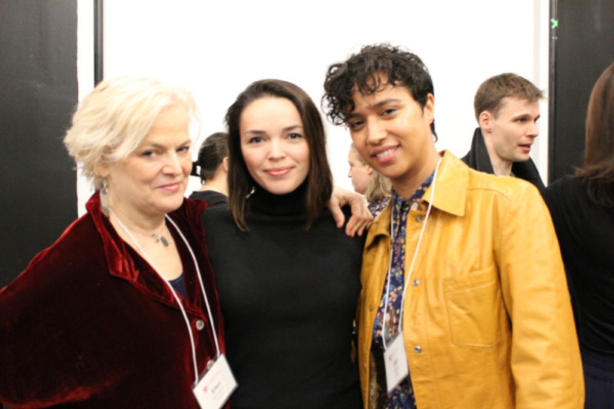 Photo of Playwright Ellen McLaughlin, Zo  Sophia Garcia (Cassandra) and Rad Pereira (Electra) in rehearsal for The Oresteia. at 
