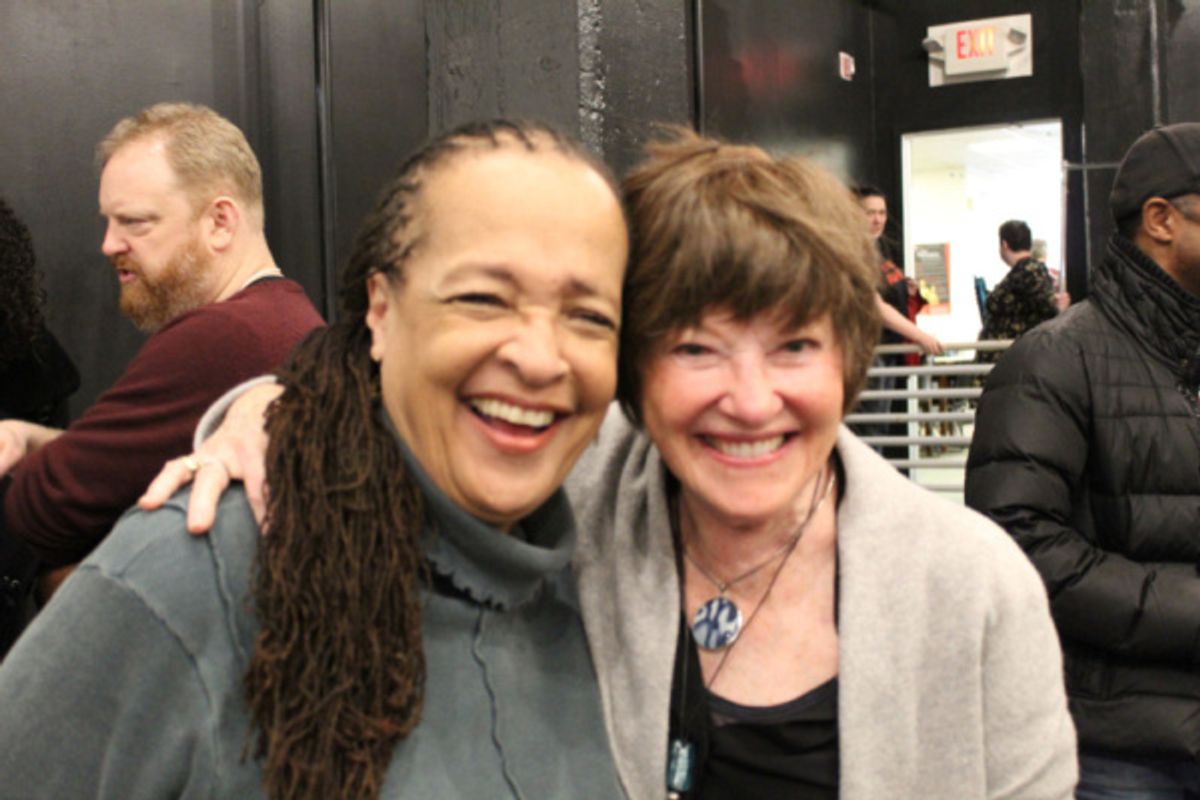 Photo of Franchelle Stewart Dorn (Chorus) and Helen Carey (Chorus) in rehearsal for The Oresteia. at 