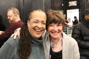 Photo of Franchelle Stewart Dorn (Chorus) and Helen Carey (Chorus) in rehearsal for T Photo