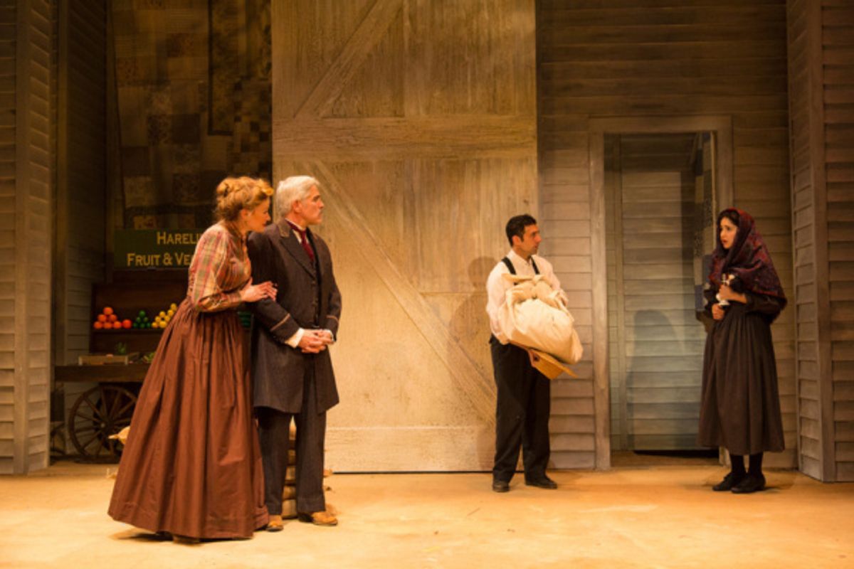 (L to R) Gretchen Hall, R. Ward Duffy, Benjamin Pelteson, and Lauriel Friedman in The Immigrant, written by Mark Harelik, conceived by Mark Harelik and Randal Myler, at George Street Playhouse, March  at 