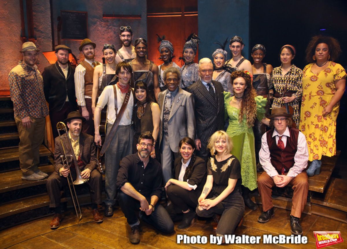Reeve Carney, Eva Noblezada, Andre de Shields, Patrick Page, Amber Gray, David Neumann, Anais Mitchell and Rachel Chavkin with the cast during the Broadway Press Performance Preview of 'Hadestown'  at the Walter Kerr Theatre on March 18, 2019 in New York  at 
