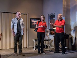  Tim Hopper (Andy), Aimee Lou Wood (Effie) and ensemble member Glenn Davis (Gio) Photo