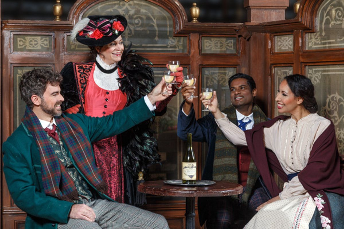 Marcello (Craig Verm), Musetta (Sari Gruber), Rodolfo (Sean Panikkar), and MimÃ¬ (Nicole Cabell) toast at the CafÃ© Momus
 at 