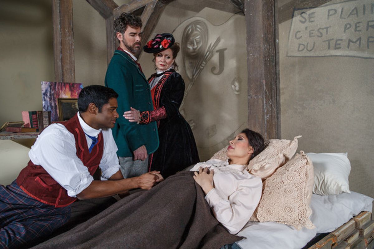 Rodolfo (Sean Panikkar) comforts MimÃ¬ (Nicole Cabell) while Marcello (Craig Verm) and Musetta (Sari Gruber) look on
 at 