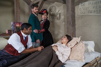 Rodolfo (Sean Panikkar) comforts MimÃ¬ (Nicole Cabell) while Marcello (Craig Verm)  Photo