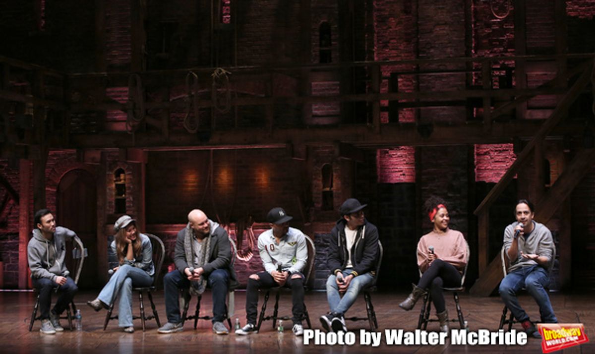 Marc dela Cruz, Elizabeth Judd, Greg Treco, Terrance Spencer, Anthony Lee Medina, Sasha Hollinger with Lin-Manuel Miranda  at 