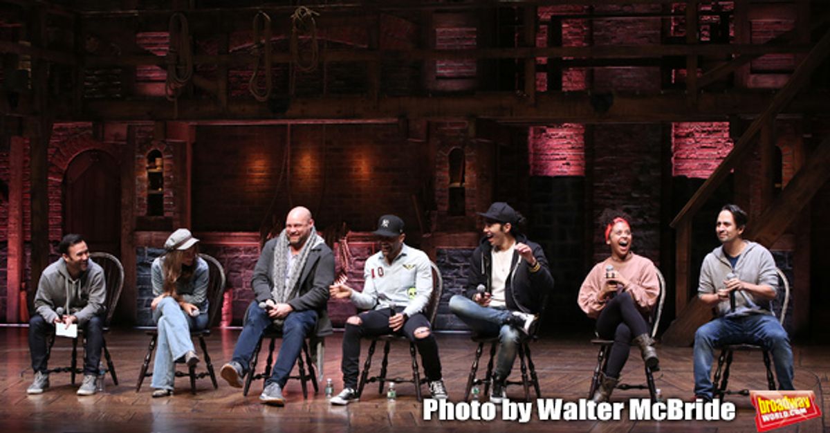 Marc dela Cruz, Elizabeth Judd, Greg Treco, Terrance Spencer, Anthony Lee Medina, Sasha Hollinger with Lin-Manuel Miranda  at 