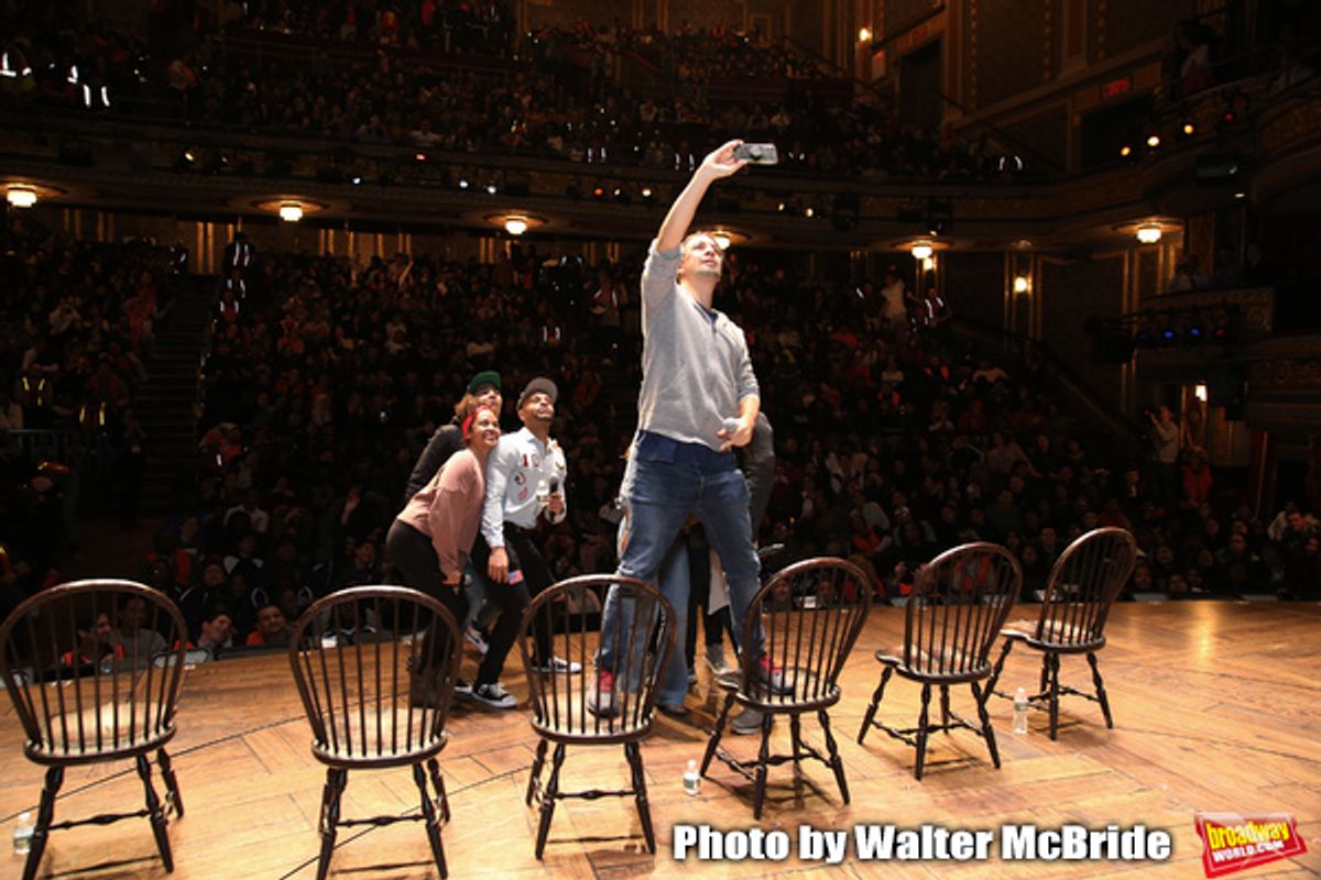 Marc dela Cruz, Elizabeth Judd, Greg Treco, Terrance Spencer, Anthony Lee Medina, Sasha Hollinger with Lin-Manuel Miranda  at 
