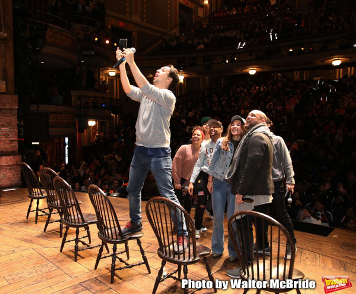 Marc dela Cruz, Elizabeth Judd, Greg Treco, Terrance Spencer, Anthony Lee Medina, Sasha Hollinger with Lin-Manuel Miranda at 