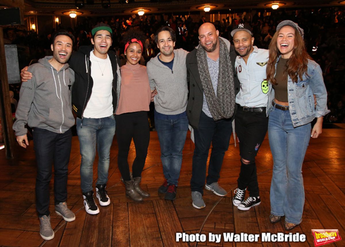 Marc dela Cruz, Anthony Lee Medina, Sasha Hollinger, Greg Treco, Terrance Spencer, Elizabeth Judd with Lin-Manuel Miranda  at 