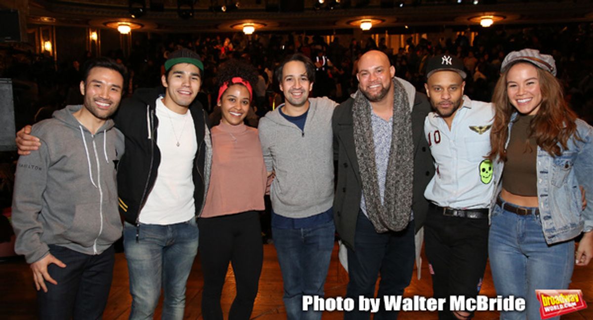 Marc dela Cruz, Anthony Lee Medina, Sasha Hollinger, Greg Treco, Terrance Spencer, Elizabeth Judd with Lin-Manuel Miranda at 