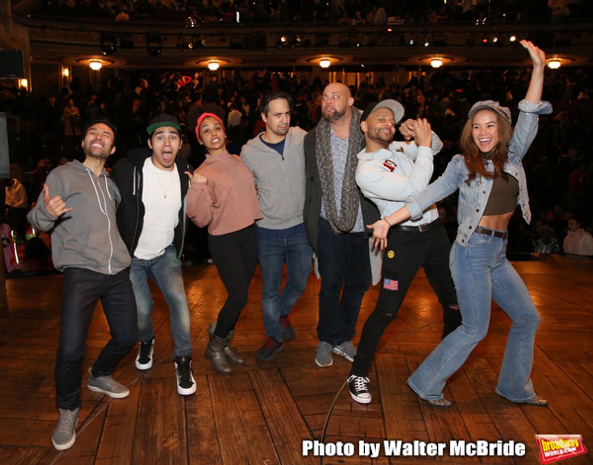 Marc dela Cruz, Anthony Lee Medina, Sasha Hollinger, Greg Treco, Terrance Spencer, Elizabeth Judd with Lin-Manuel Miranda at 