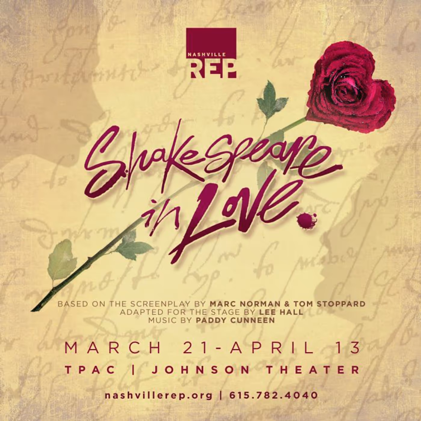 FRIDAY 5 (+1): Nashville Repertory Theatre's SHAKESPEARE IN LOVE Opens Saturday 3/23  Image