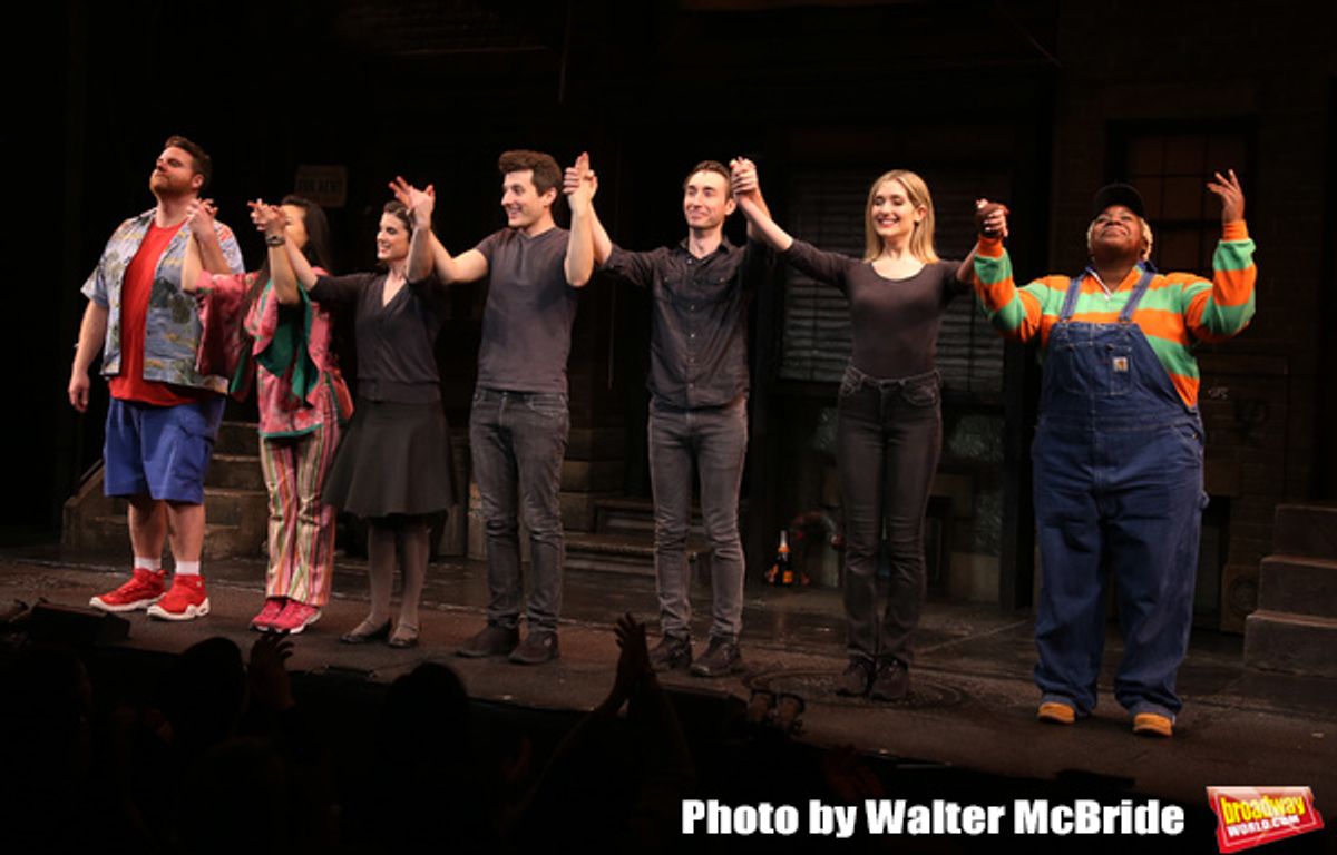 Nick Kohn, Grace Choi, Veronica J. Kuehn, Matt Dengler, Jason Jacoby, Jamie Glickman and Lacretta during 'Avenue Q' Celebrates World Puppetry Day Curtain Call at 