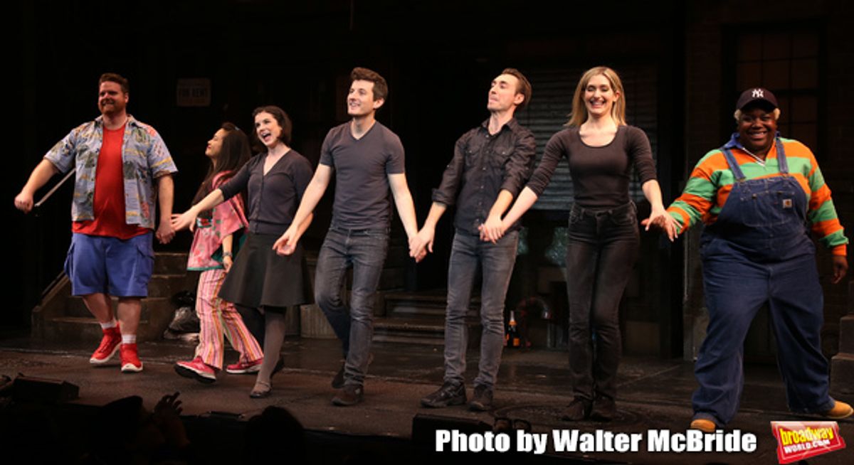 Nick Kohn, Grace Choi, Veronica J. Kuehn, Matt Dengler, Jason Jacoby, Jamie Glickman and Lacretta during 'Avenue Q' Celebrates World Puppetry Day Curtain Call at 