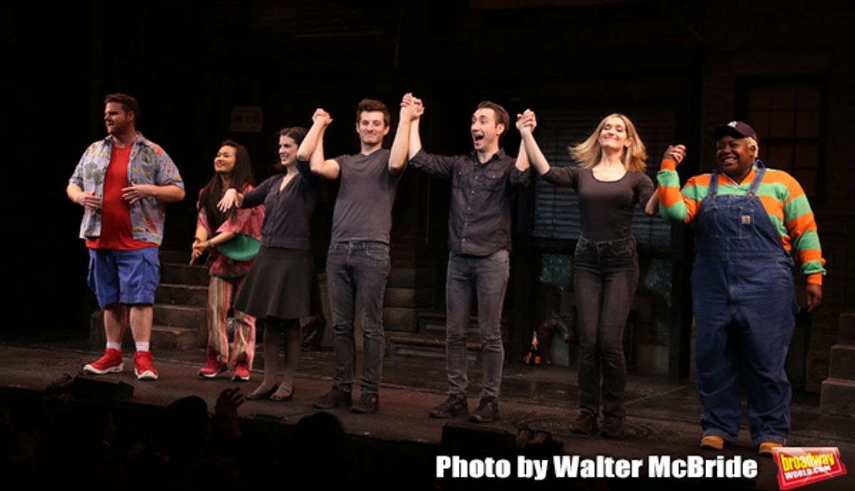 Nick Kohn, Grace Choi, Veronica J. Kuehn, Matt Dengler, Jason Jacoby, Jamie Glickman and Lacretta during 'Avenue Q' Celebrates World Puppetry Day Curtain Call at 