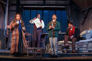 the four bohemians – (left to right) Colline (Tyler Zimmerman), Rodolfo (Sean Panikkar), Marcello (Craig Verm), and Schaunard (Ben Taylor)
@ BroadwayWorld the four bohemians – (left to right) Colline (Tyler Zimmerman), Rodolfo (Sean Photo