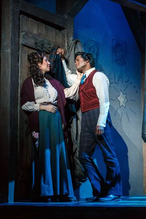 Mimì (Nicole Cabell) and Rodolfo (Sean Panikkar) develop feelings for each other in his run-down garret
@ BroadwayWorld Mimì (Nicole Cabell) and Rodolfo (Sean Panikkar) develop feelings for each other i Photo