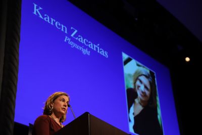 Karen Zacarias accepting The Lee Reynolds Award.     Photo credit: Karin Shook Photo