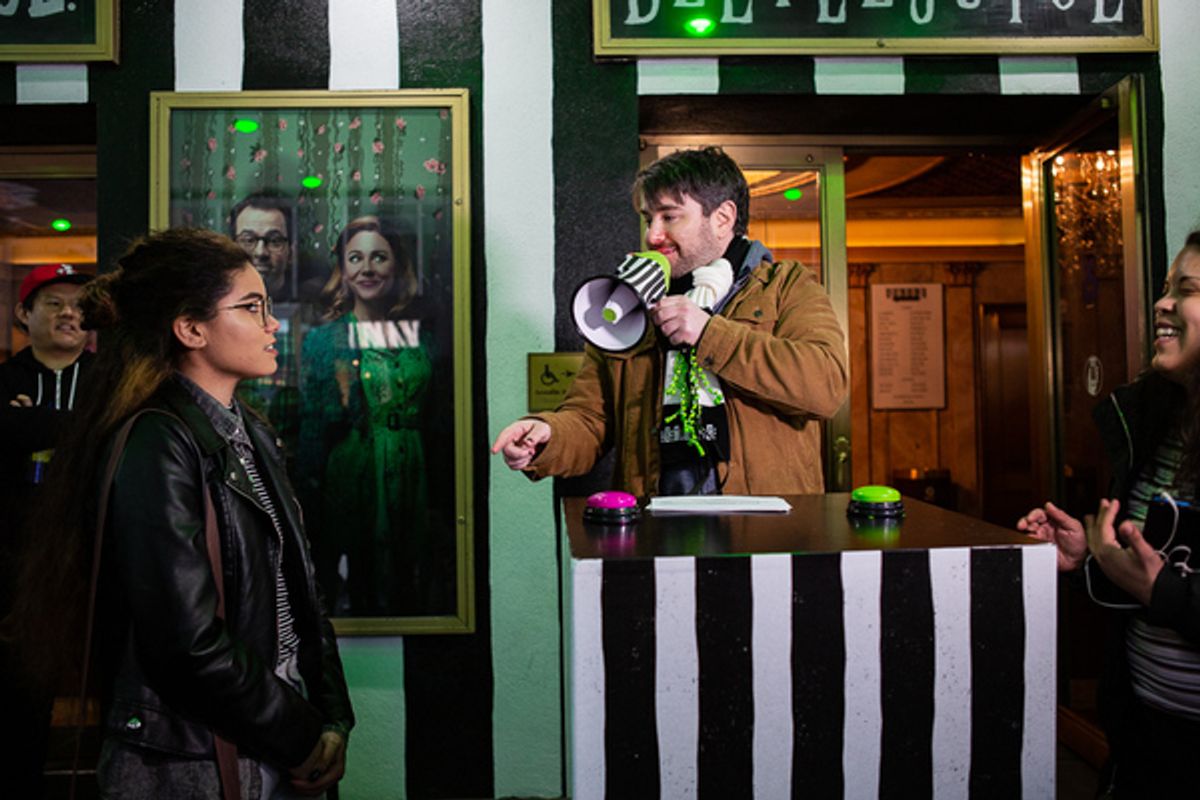 Alex Brightman host first of weekly Live Game Shows in front of the Winter Garden Theatre at 