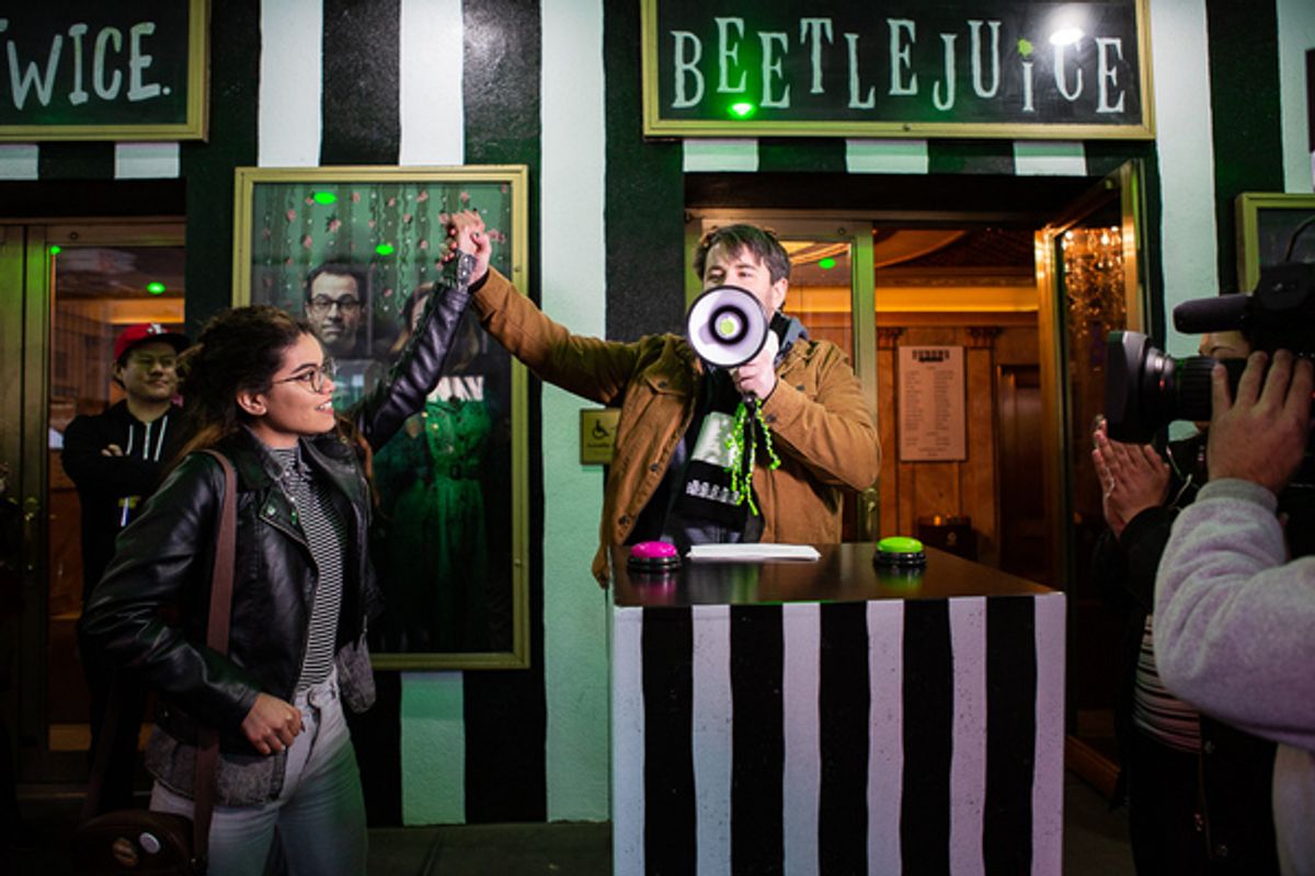 Alex Brightman host first of weekly Live Game Shows in front of the Winter Garden Theatre at 