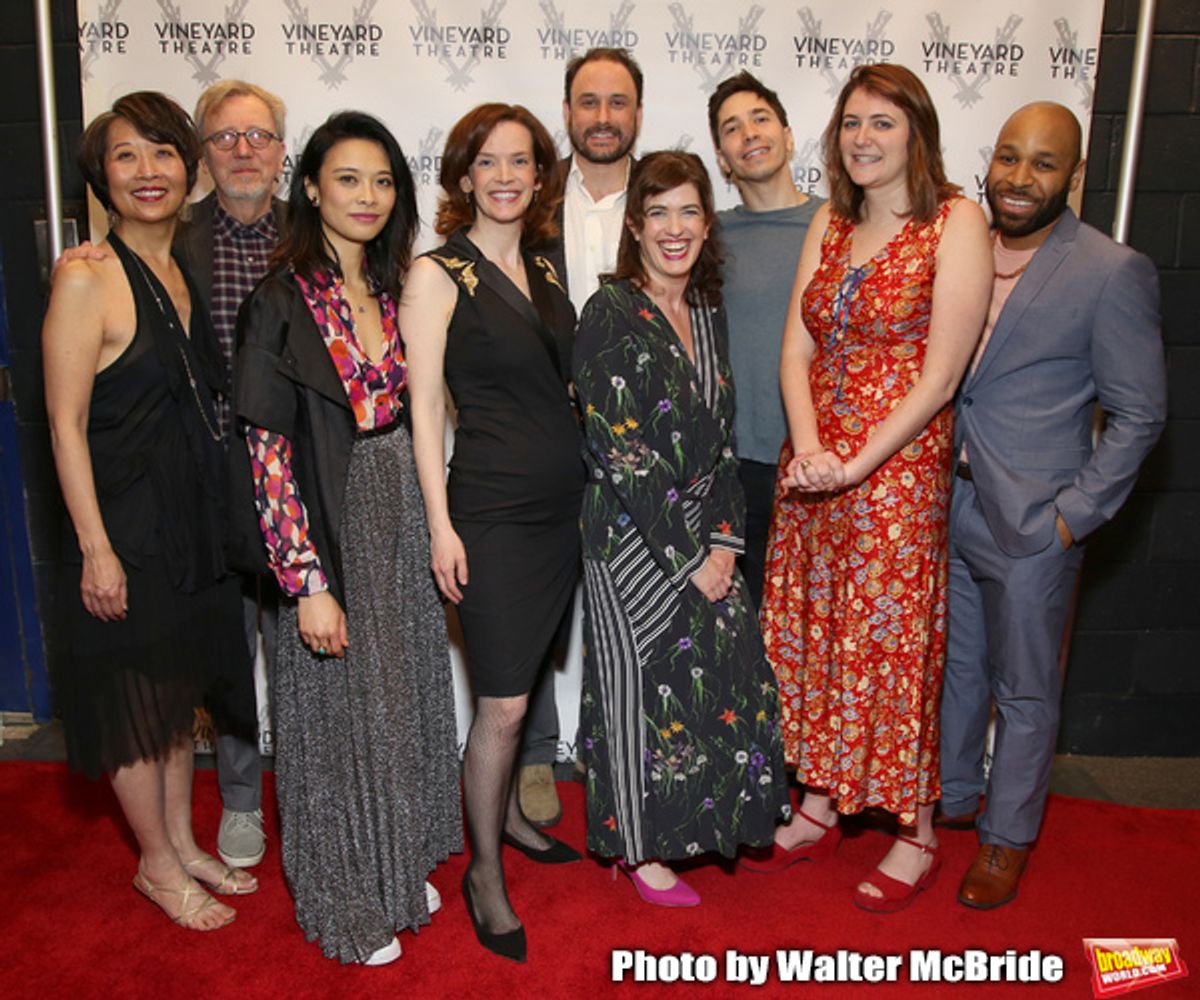 Jeanne Sakata, Tom Aulino, Tiffany Villarin, Margot Bordelon, Greg Keller, Megan Hill, Justin Long, Mara Nelson-Greenberg and Ugo Chukwu attending the Opening Night Afterparty for The Vineyard Theatre production of  'Do You Feel Anger?' at the Vineyard Th at 