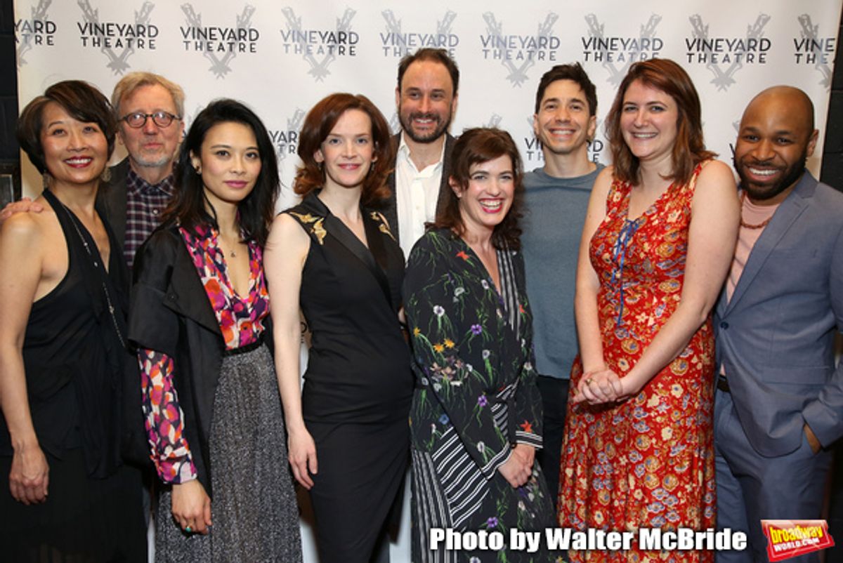 Jeanne Sakata, Tom Aulino, Tiffany Villarin, Margot Bordelon, Greg Keller, Megan Hill, Justin Long, Mara Nelson-Greenberg and Ugo Chukwu attending the Opening Night Afterparty for The Vineyard Theatre production of  'Do You Feel Anger?' at the Vineyard Th at 