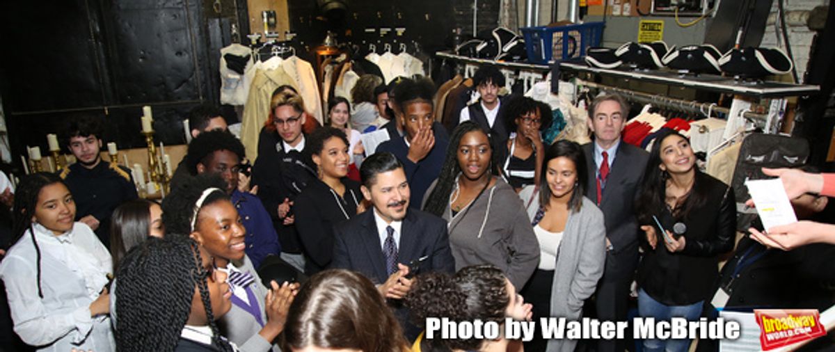Chancellor Richard Carranza, of the New York City Department of Education, James G. Basker and Lauren Boyd with student performers backstage at 