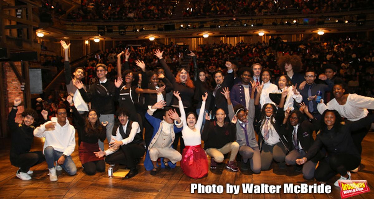 Chancellor Richard Carranza, of the New York City Department of Education, James G. Basker and Lauren Boyd with student performers at Exclusive NYC Students Get Their Shot at HAMILTON's Latest #eduHAM