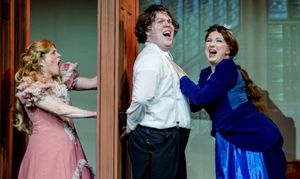 Monty Navarro (Shoshana Liberman) is caught between Sibella Hallward (Leslie Schapiro) and Phoebe D''Ysquith (Kelly Rardon) in the Milburn Stone Theatre?s production of ?A Gentleman?s Guide to Love & M @ BroadwayWorld Monty Navarro (Shoshana Liberman) is caught between Sibella Hallward (Leslie Schapiro Photo