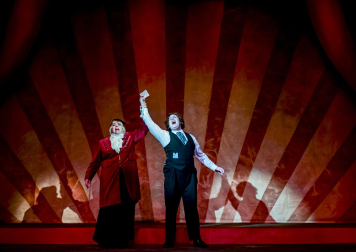 Miss Marietta Shingle (Eileen Law Stewart) and Monty Navarro (Nick Castillo) in the Milburn Stone Theatre?s production of ?A Gentleman?s Guide to Love & Murder? April 5-14, 2019. Photo Credit: Scott S at 