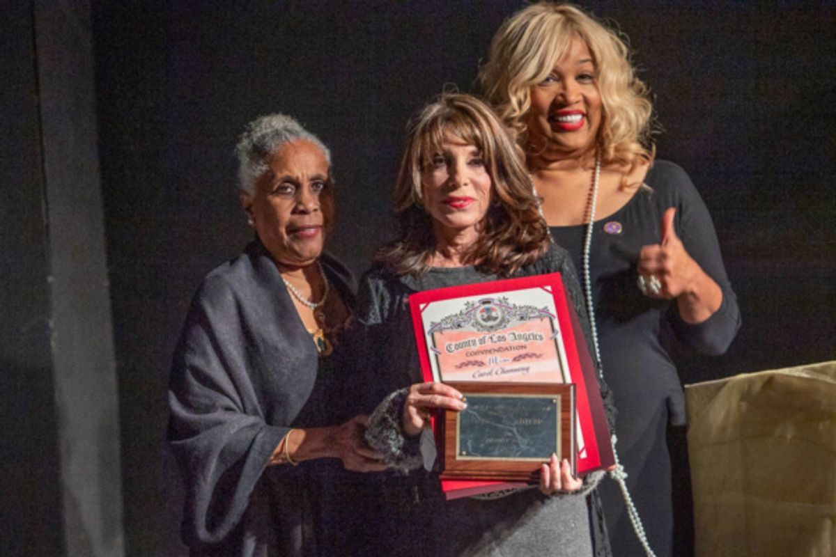 Kate Linder (center) accepts posthumous Infinity Award for Carol Channing from Starletta DuPois and Kym Whitley at 26th Annual Los Angeles Women''s Theatre Festival. Photo credit: Martha Benedict. at 