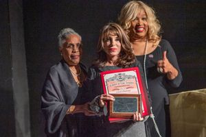 Kate Linder (center) accepts posthumous Infinity Award for Carol Channing from Starletta DuPois and Kym Whitley at 26th Annual Los Angeles Women''s Theatre Festival. Photo credit: Martha Benedict. @ BroadwayWorld Kate Linder (center) accepts posthumous Infinity Award for Carol Channing from Starle Photo