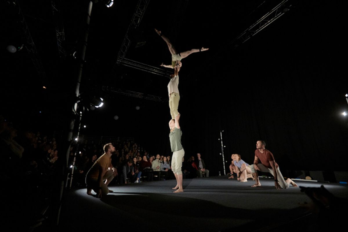 Simon McClure (left), Benton Adams-Walker (base), Andre Augustus (middle) and Ashleigh Pearce (top) with (front to back) Chris Carlos, Lisa Goldsworthy and Annalise Moore at 
