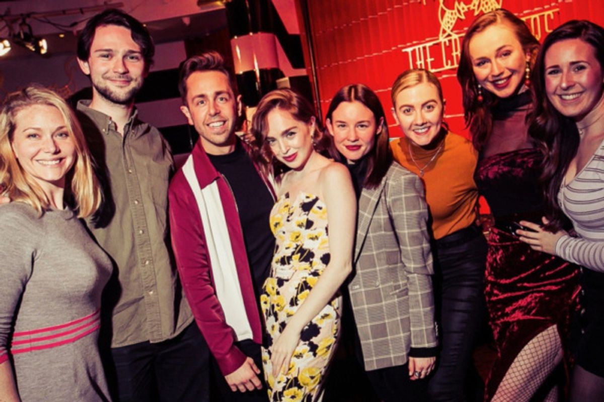 The cast of Half A Sixpence Emma Williams, Alex Hope, Nick Butcher, Louisa Connolly-Burnham, Rebecca Jane Davis, Bethany Huckle, Jennifer Louise Jones and Devon-Elise Johnson. at 