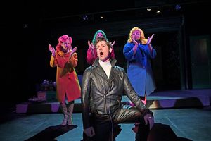 Stephen Thorne (front) as Orin Scrivello, DDS with the Urchin Girls in the background Photo